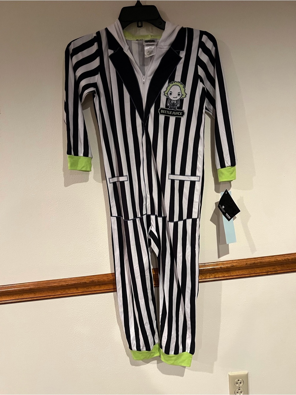 Beetlejuice Kids Black & White Striped One-Piece Footie with Lime Trim